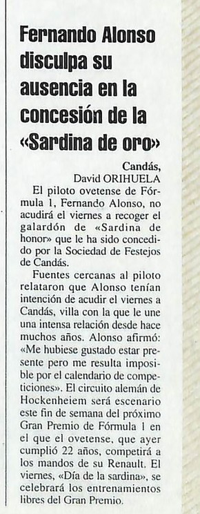 2003 Fernando Alonso disculpa su ausencia en el festival
